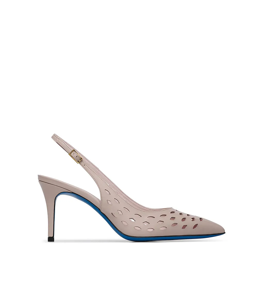 Laser-cut nude patent leather slingback pumps