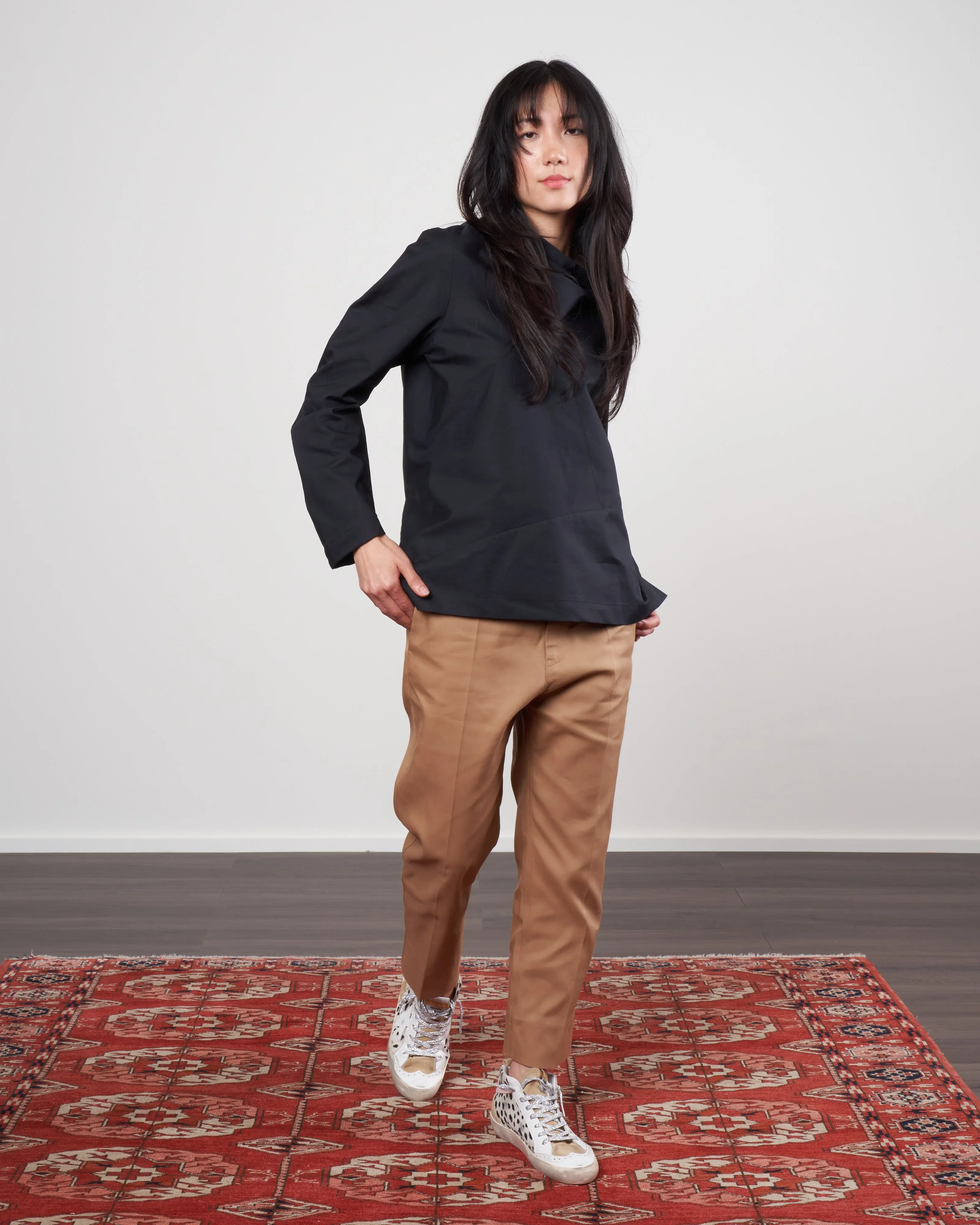 long sleeve fold shirt - black cotton poplin