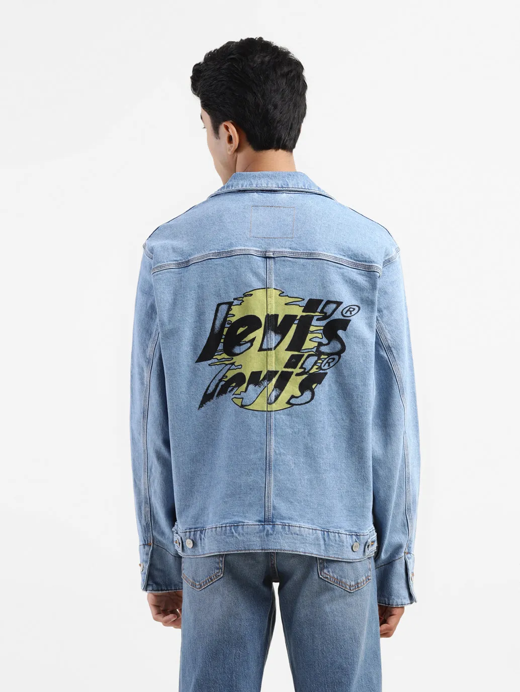 Men's Solid Blue Collar Neck Denim Jacket