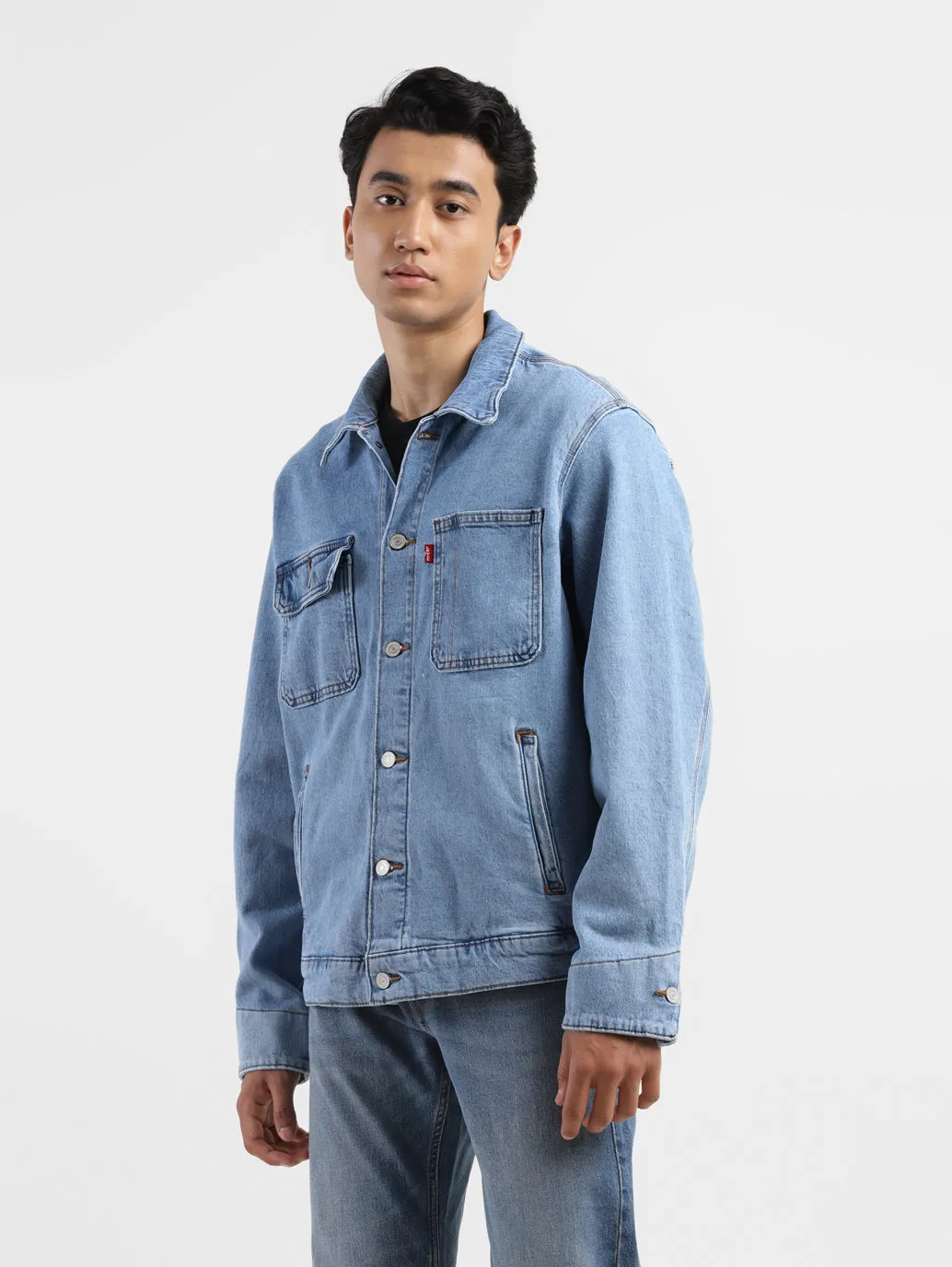 Men's Solid Blue Collar Neck Denim Jacket