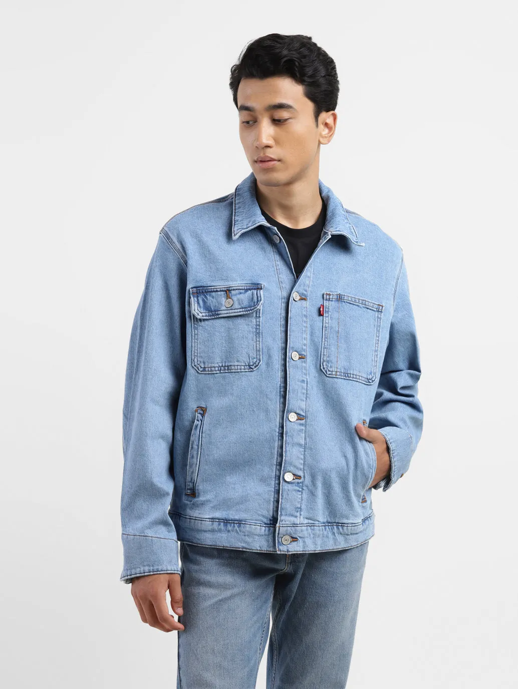Men's Solid Blue Collar Neck Denim Jacket