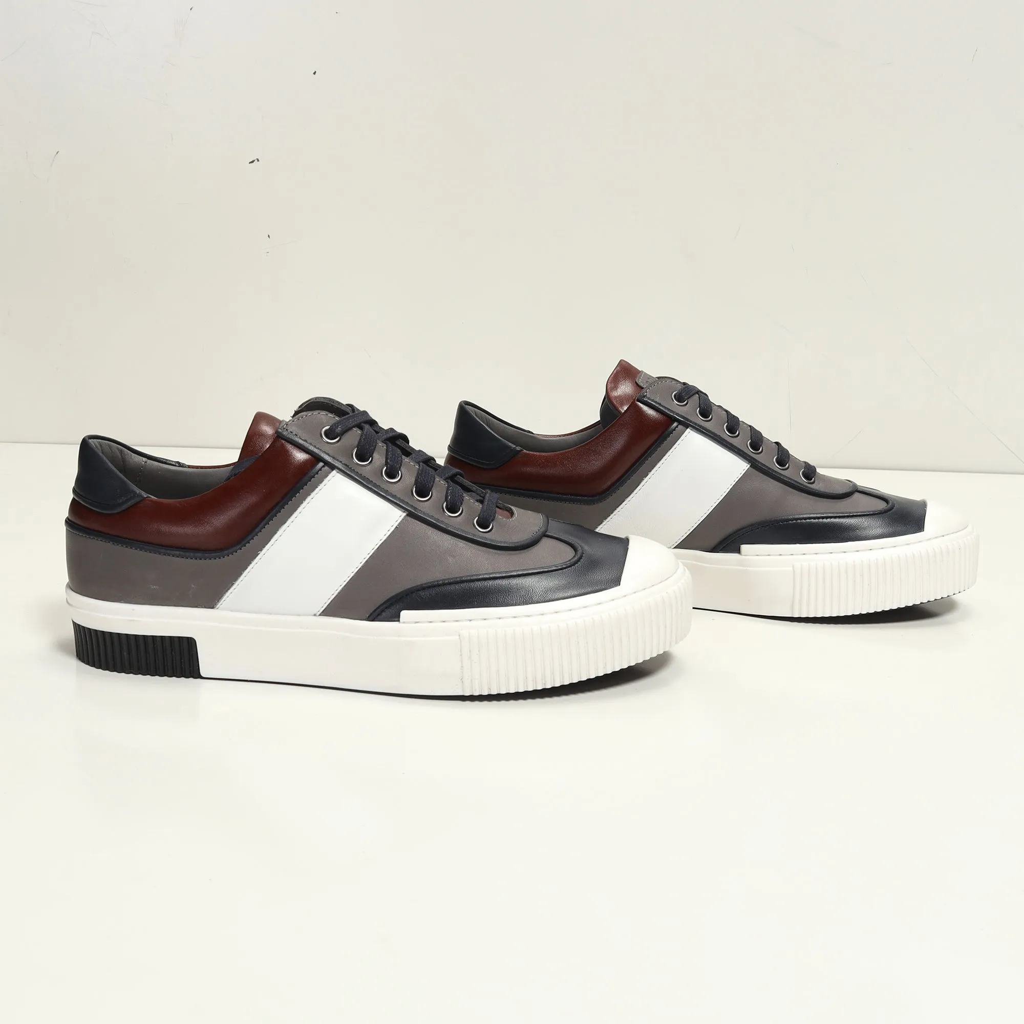 Multi Leather Lace Up Sneakers - Navy White