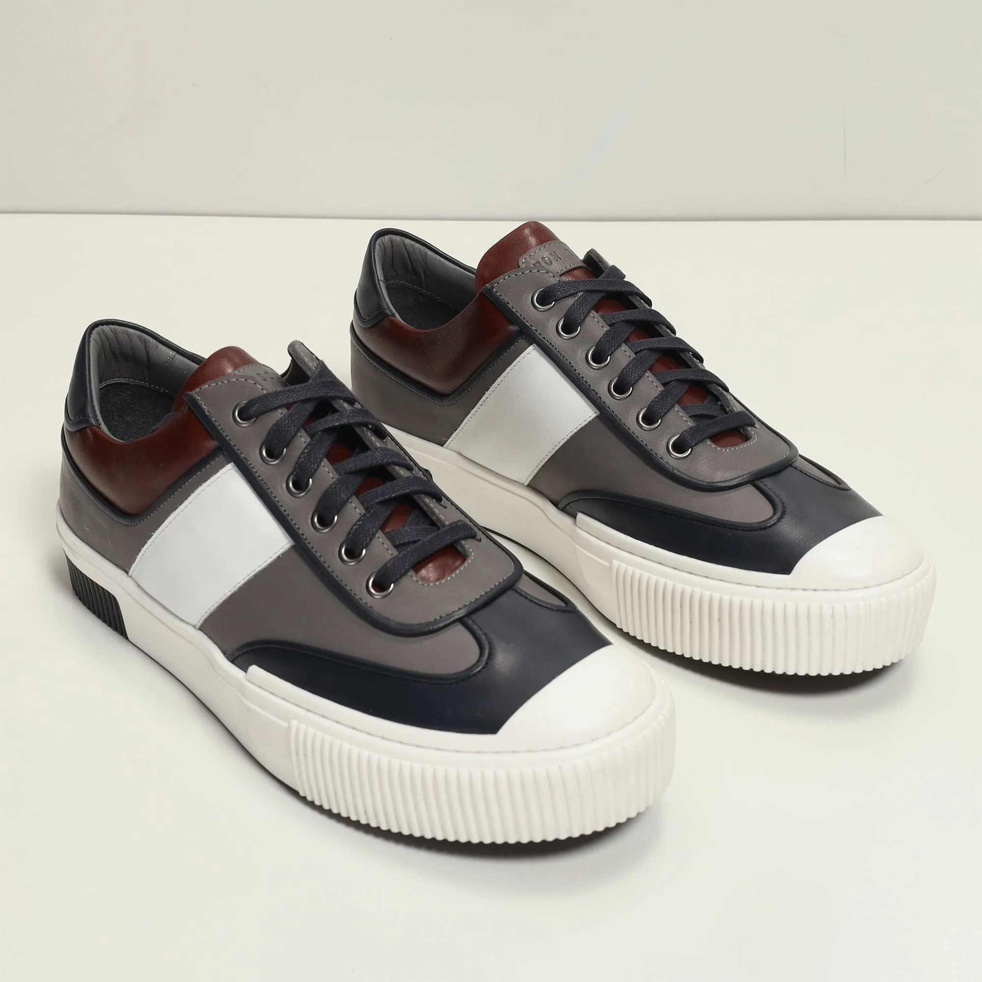 Multi Leather Lace Up Sneakers - Navy White