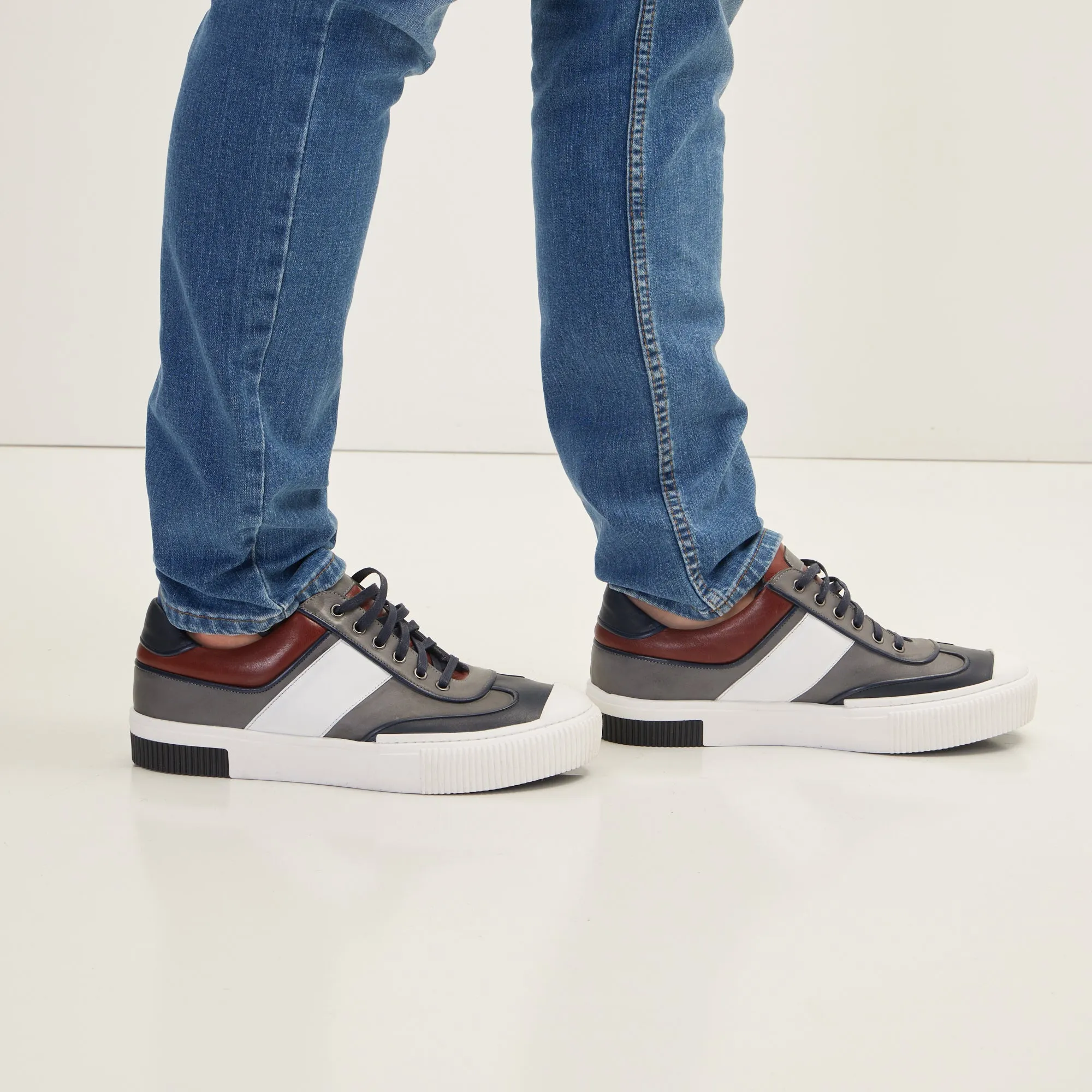 Multi Leather Lace Up Sneakers - Navy White