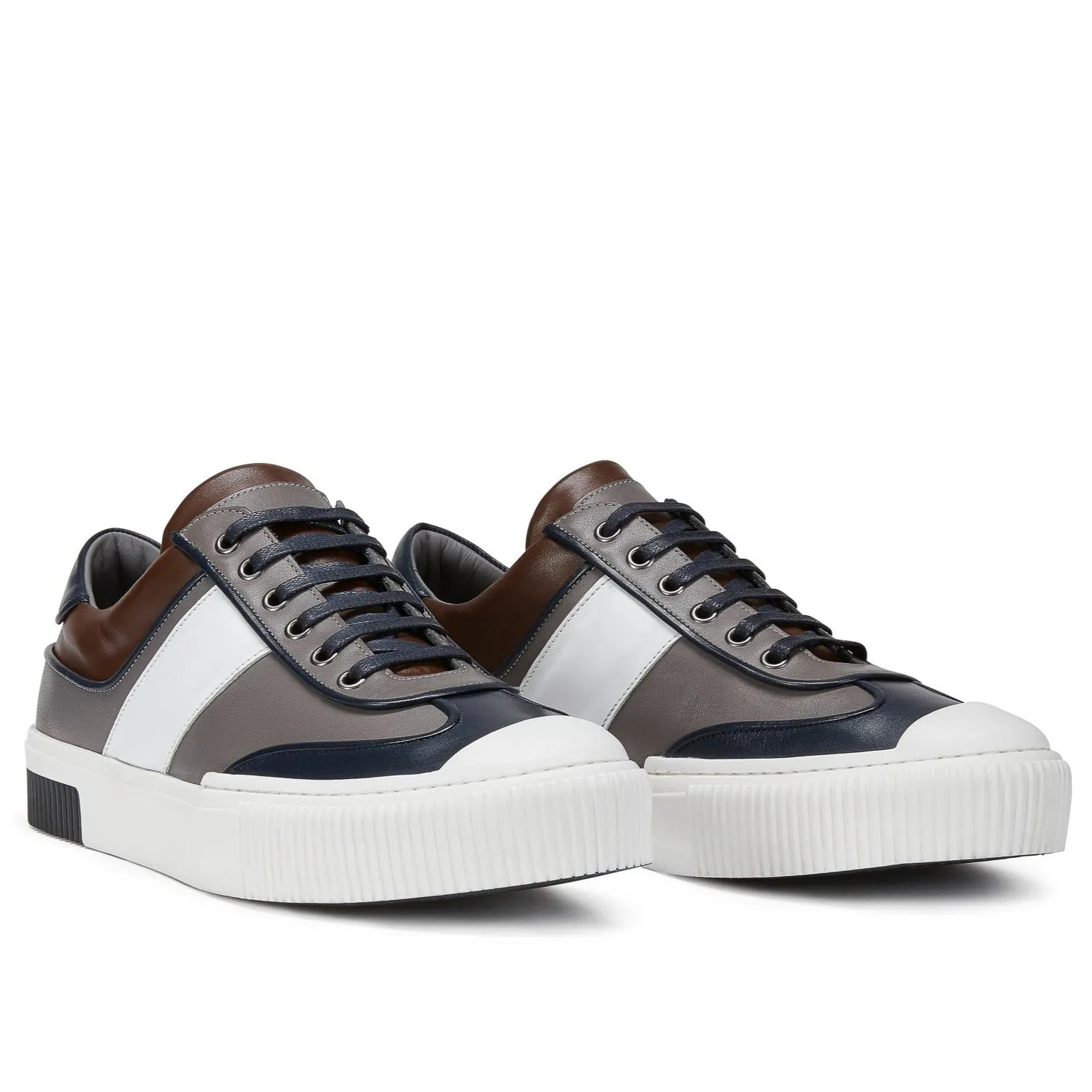 Multi Leather Lace Up Sneakers - Navy White