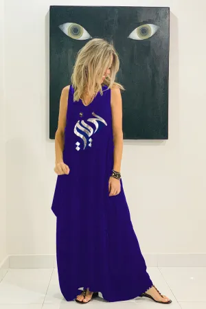 My Freedom Sleeveless V Neck Cotton Maxi Dress - Blue / Silver