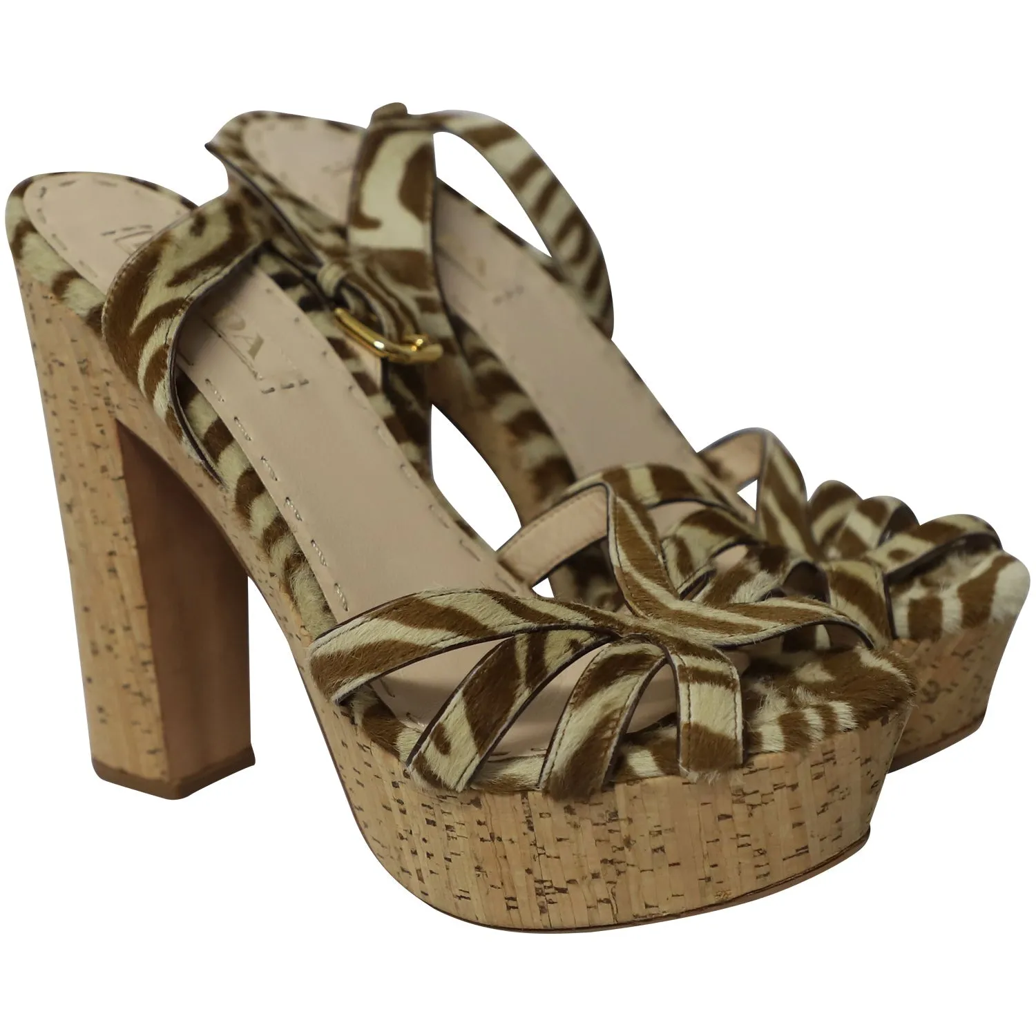 Prada Animal Print Ankle Strap Sandals in Brown Pony Hair