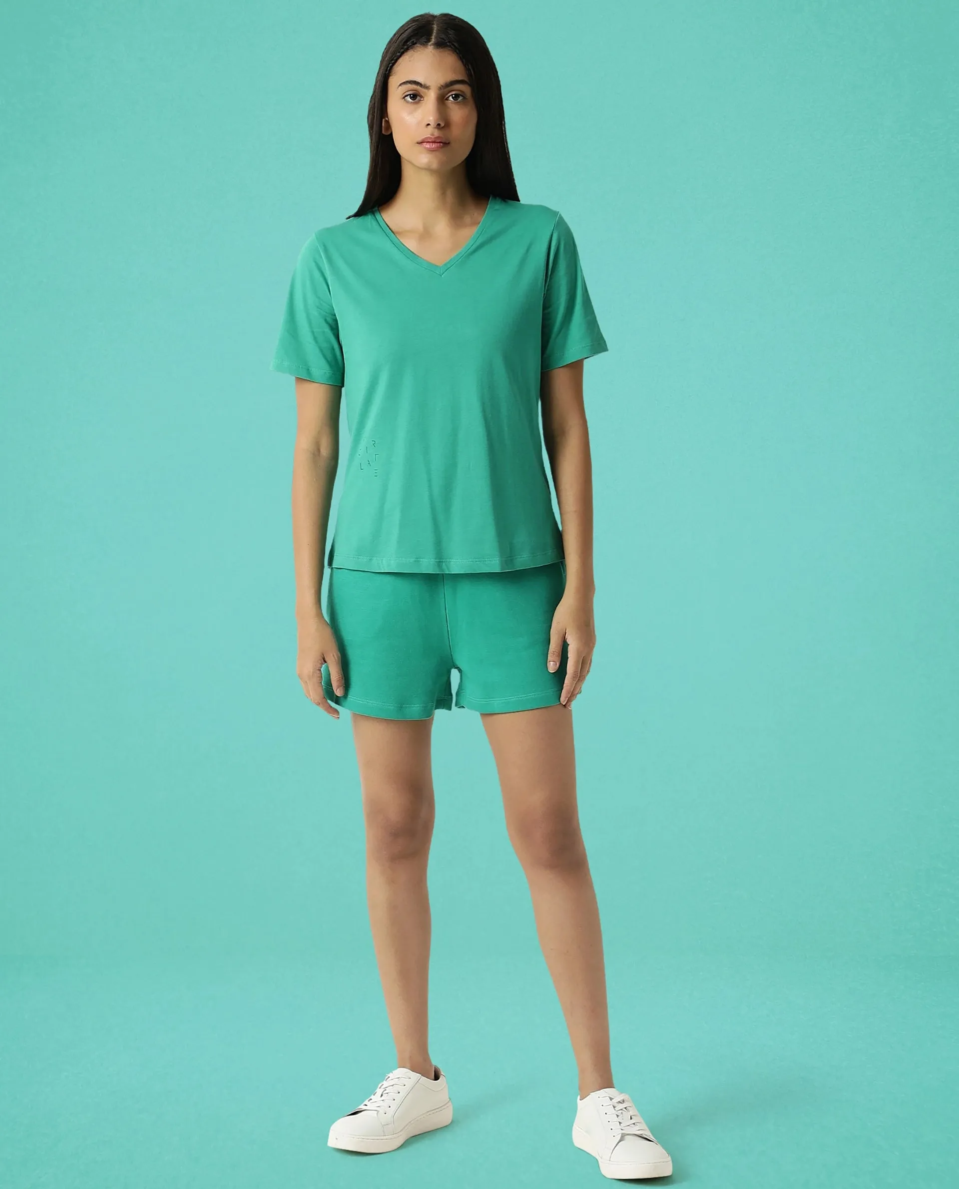 Rareism Women Arvi Green Cotton Blend Fabric Regular Fit Half Sleeves Solid V-Neck T-Shirt
