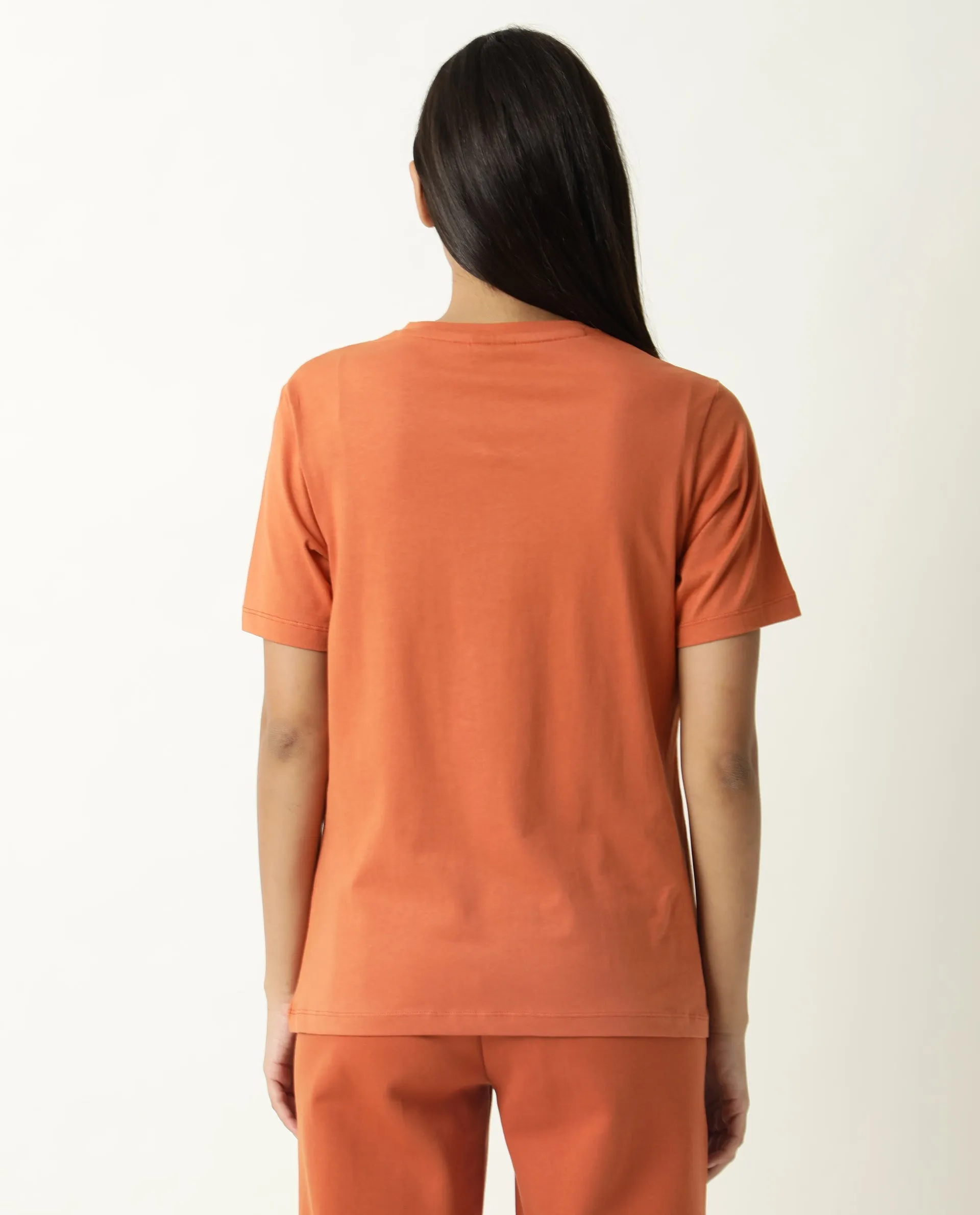 Rareism Women Arvi Orange Cotton Blend Fabric Relaxed Fit Half Sleeves Solid V-Neck T-Shirt