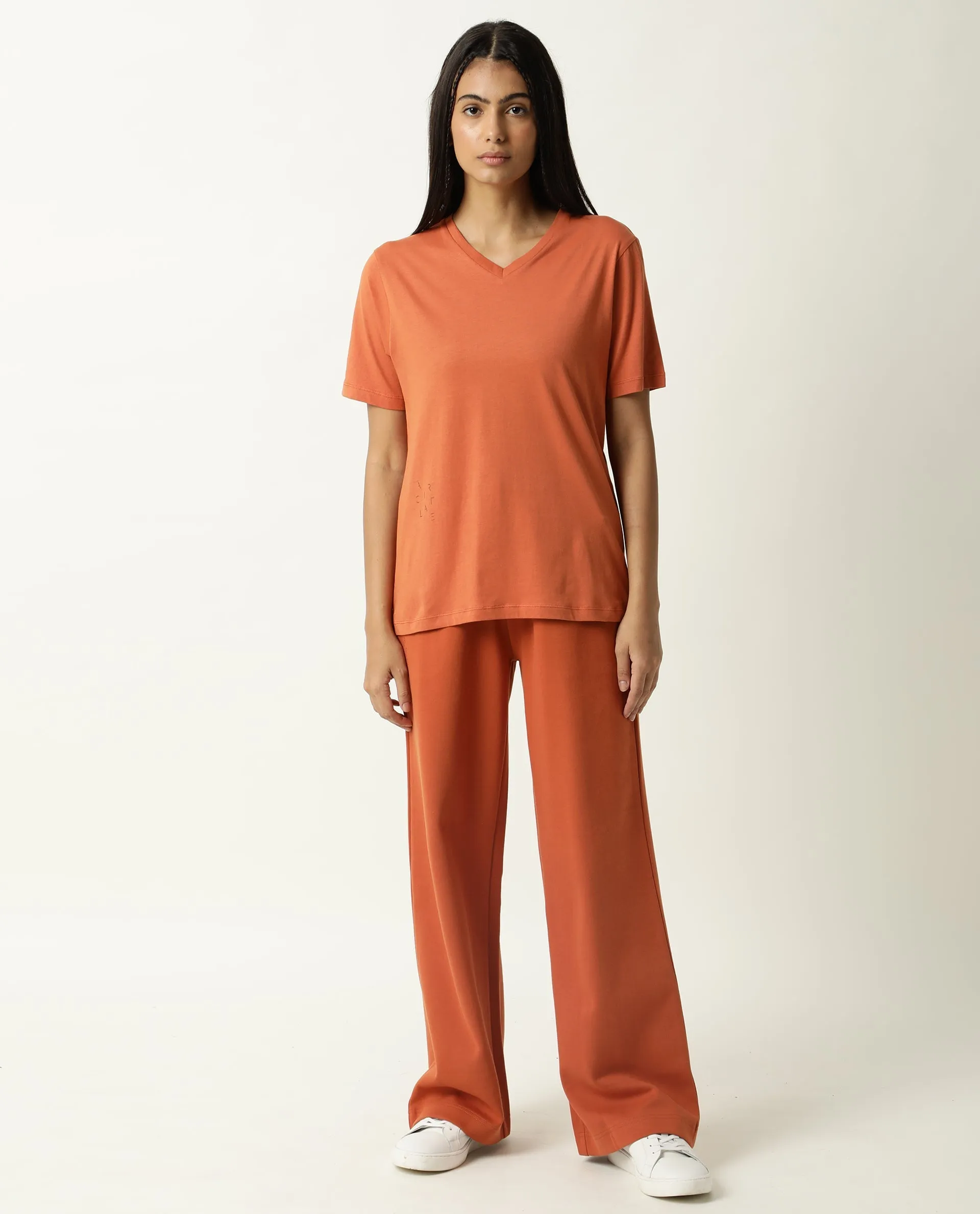 Rareism Women Arvi Orange Cotton Blend Fabric Relaxed Fit Half Sleeves Solid V-Neck T-Shirt
