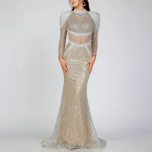 Shimmering Lace and Beaded High-Neck Gown