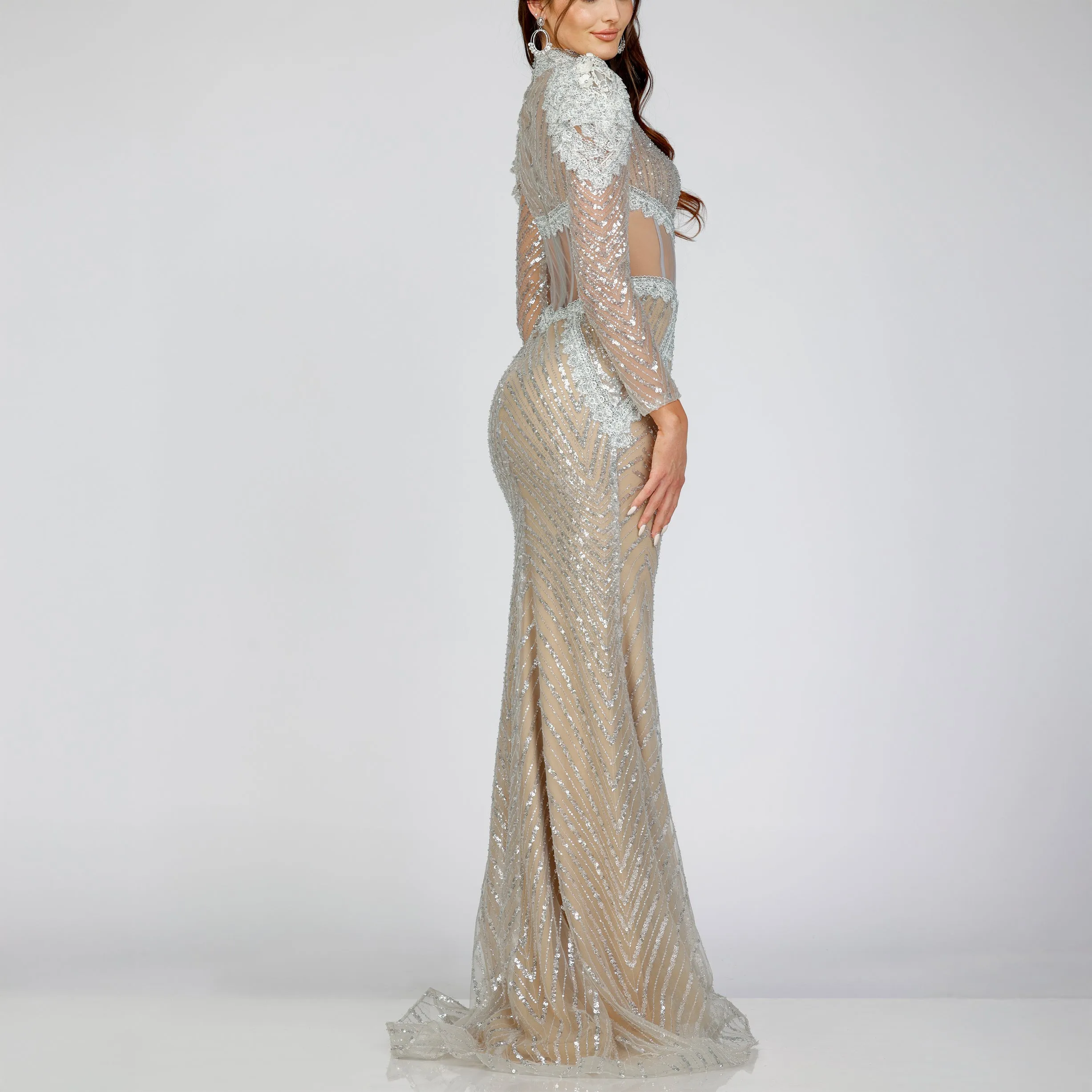 Shimmering Lace and Beaded High-Neck Gown
