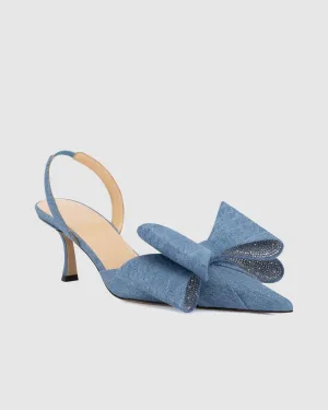 Siena Bow Embellished Denim Slingback Pumps In Blue