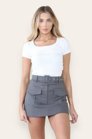 Women's Versatile Solid Color High Waist Flap Pocket Belt Decor Skort
