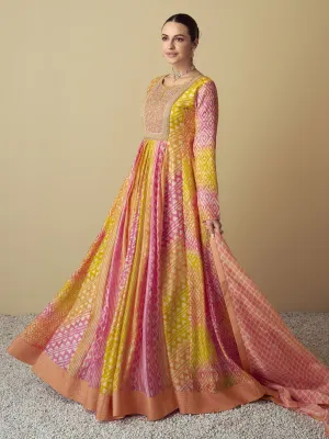 Yellow And Peach Multi Embroidery Festive Anarkali Gown